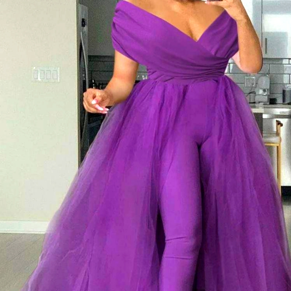 Off the shoulder V neck jumpsuits with tulle skirt